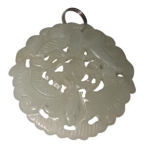 Vintage Large Carved Jade Round Rose Pendant Light Green 2.25 inches Round